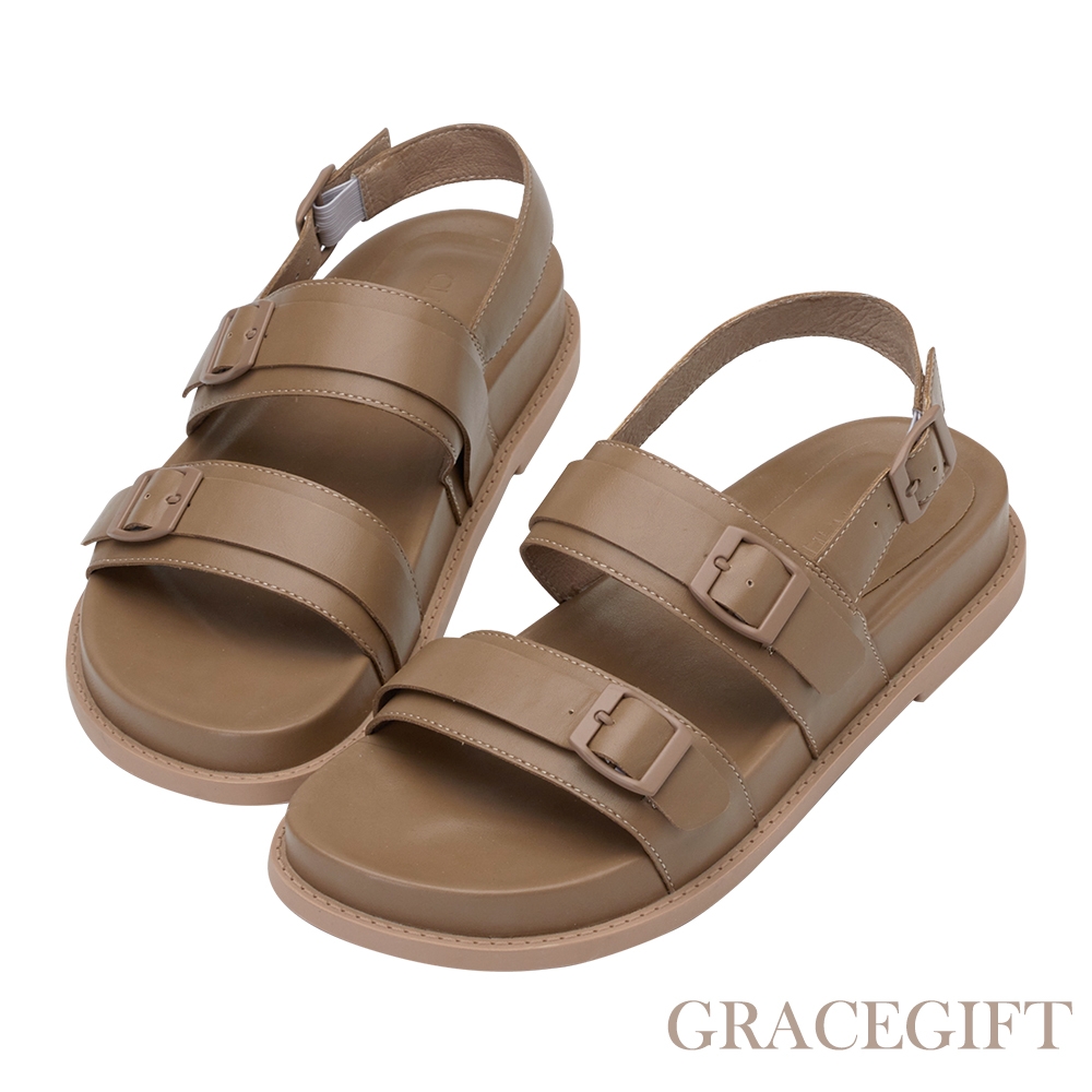 【Grace Gift】逸歡聯名-仲夏愜意雙帶休閒涼鞋 淺棕