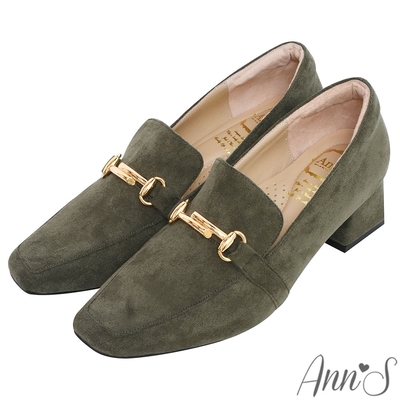 Ann’S手工MIT氣質T型金釦防水絨布粗跟樂福鞋5cm-綠