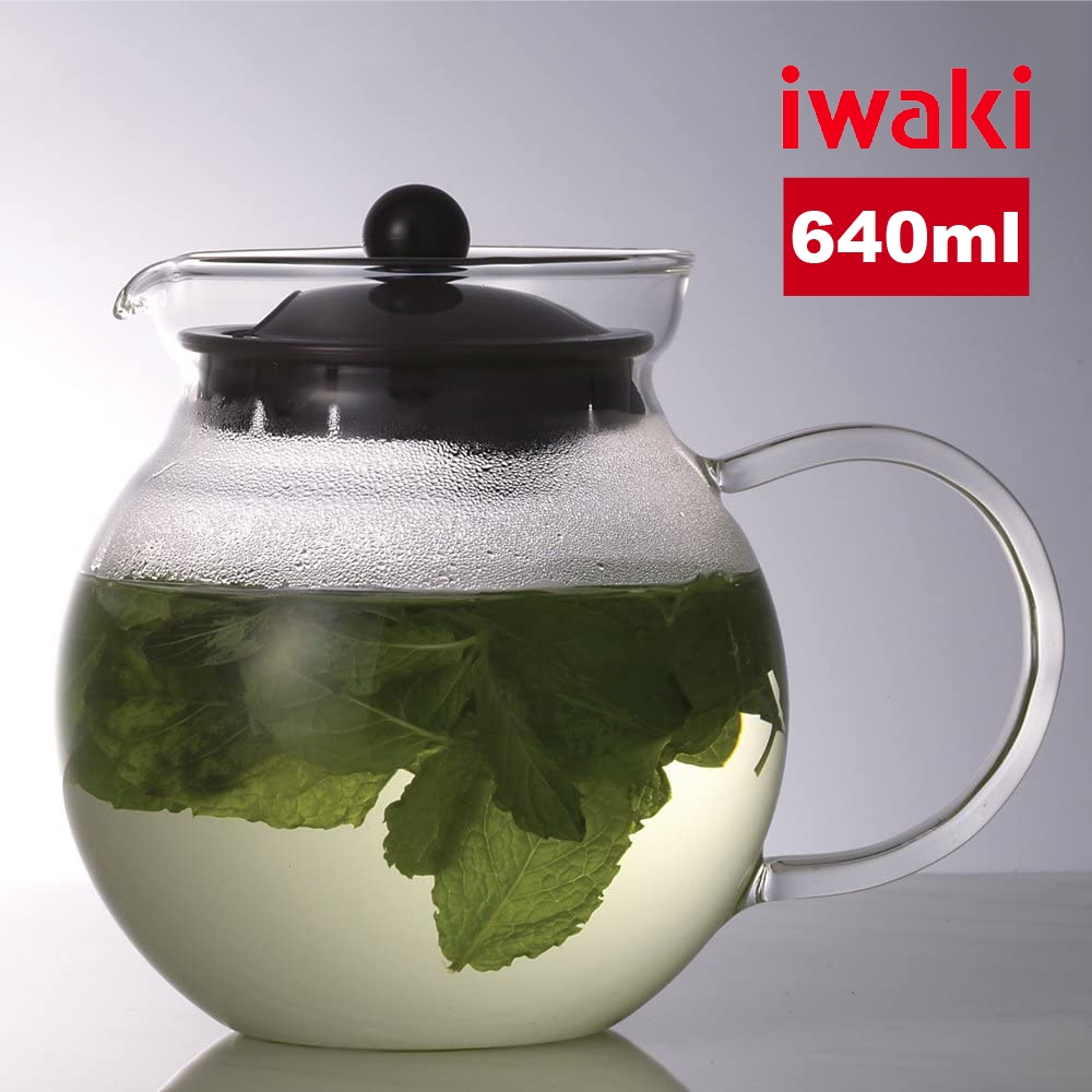 【iwaki】耐熱玻璃便利濾蓋茶壺640ml-黑色