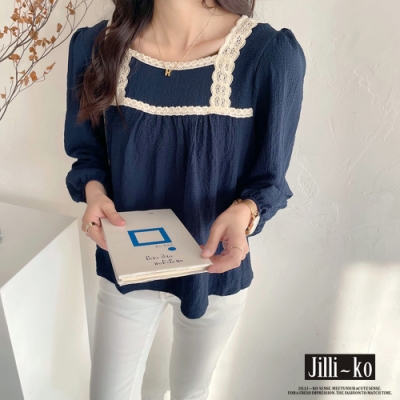 JILLI-KO 蕾絲花邊圓領娃娃衫- 藍/杏