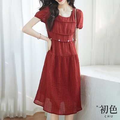 初色 清涼感泡泡袖短袖方領收腰顯瘦中長裙連身裙洋裝-紅色-67859(M-2XL可選)