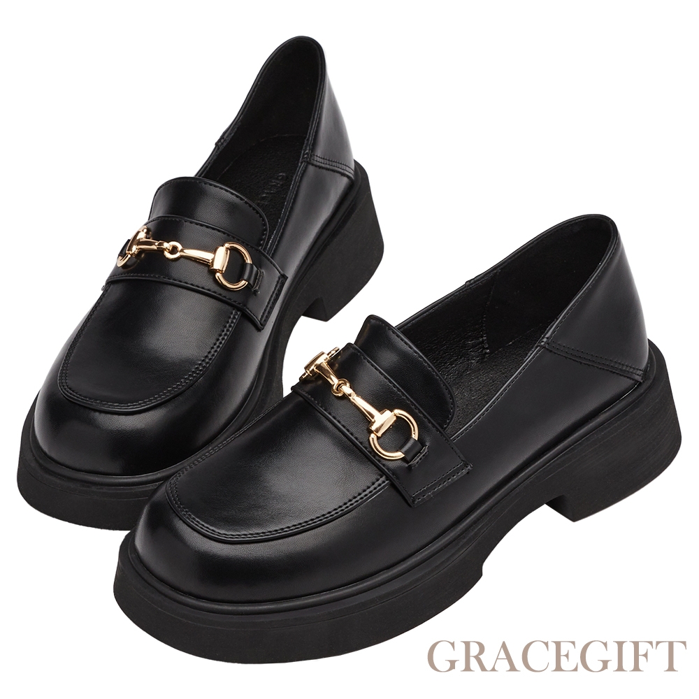 【Grace Gift】圓頭馬銜扣輕量中跟樂福鞋 黑