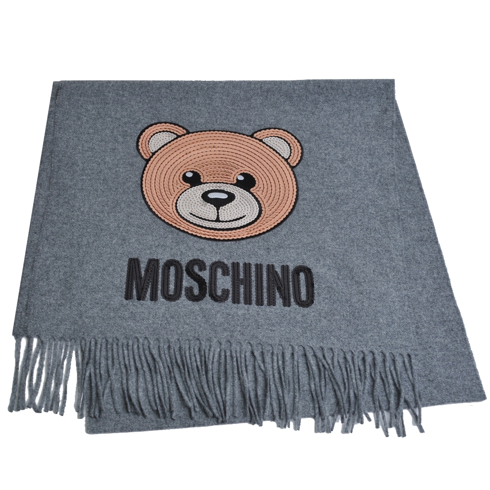 MOSCHINO 義大利製亮片小熊字母LOGO圖騰100%羊毛圍巾/披肩(灰)