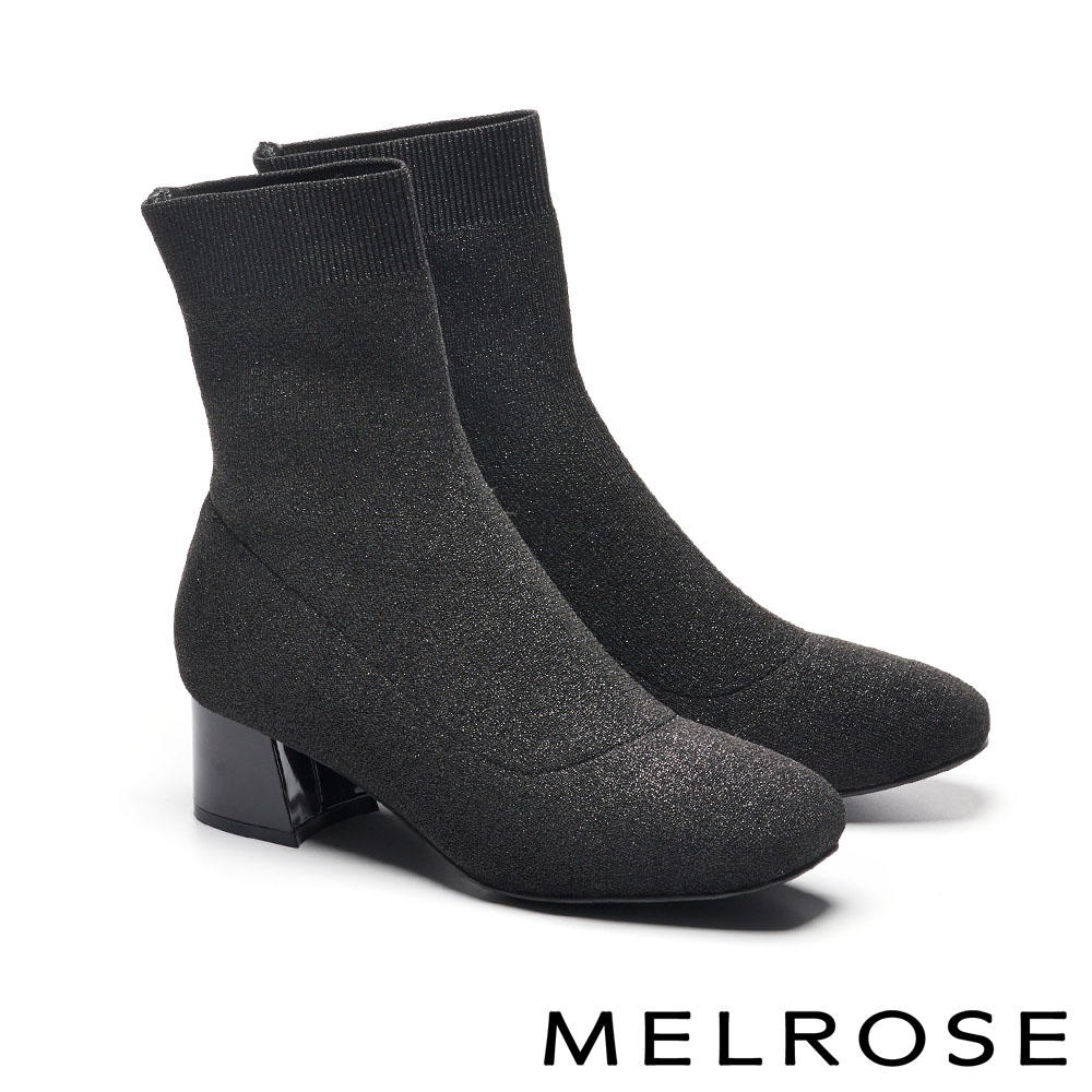 襪靴 MELROSE 摩登時尚彈力銀蔥飛織布粗高跟襪靴－黑