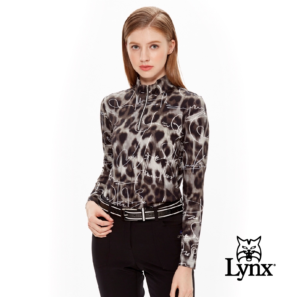 【Lynx Golf】女款義大利進口豹紋花色長袖立領POLO衫-鐵灰色