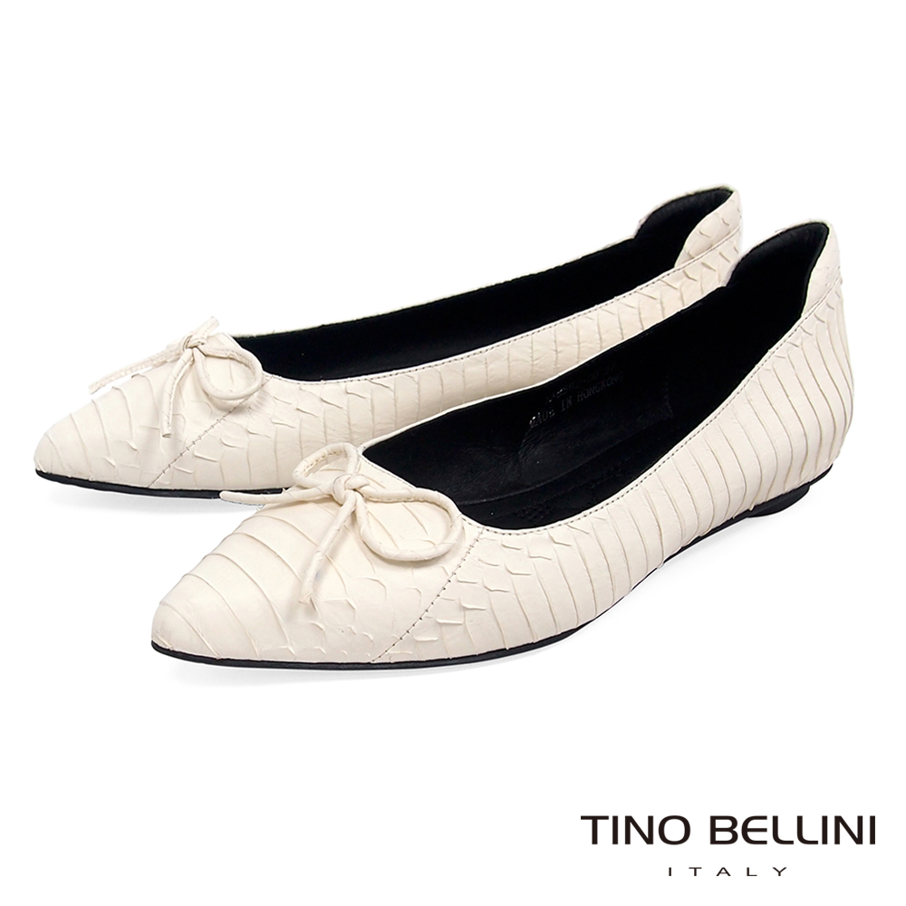 Tino Bellini 真皮神祕蛇紋小蝴蝶結平底娃娃鞋 _ 米白