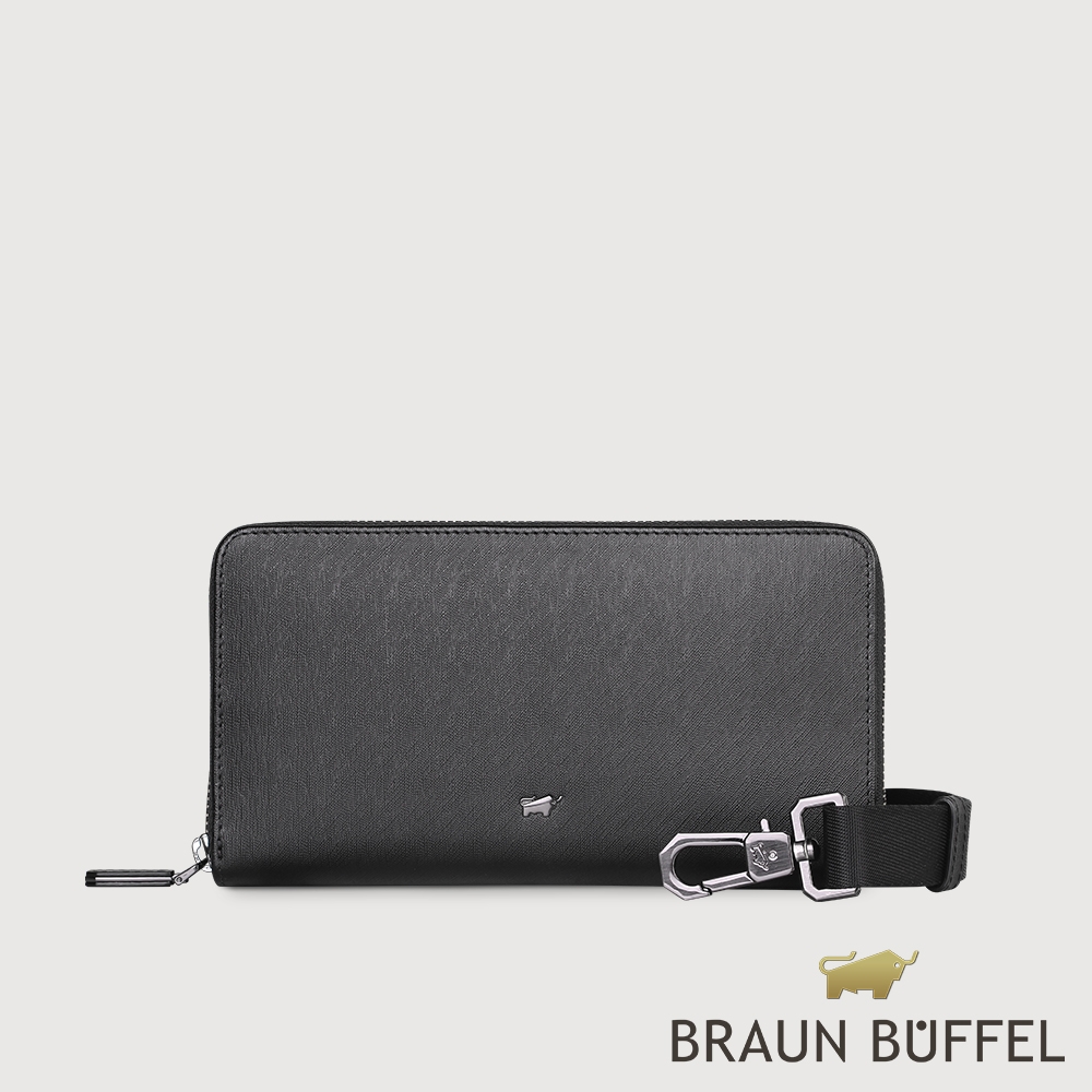 【BRAUN BUFFEL 德國小金牛】台灣總代理 紐瓦斯 12卡附背帶拉鍊長夾-黑色/BF534-720-BK