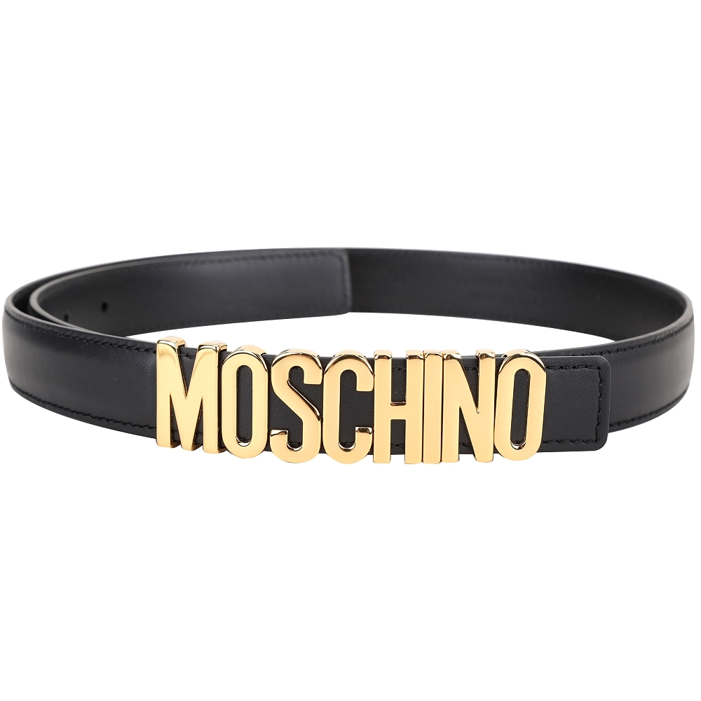 MOSCHINO 25mm 拋光金字母光滑小牛皮單釦腰帶(黑色)