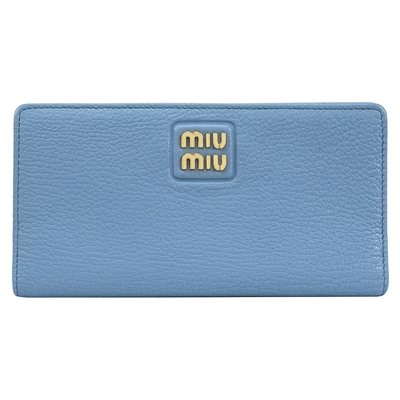 MIU MIU Madras 金屬LOGO山羊皮對開扣式多卡長夾(星空藍)