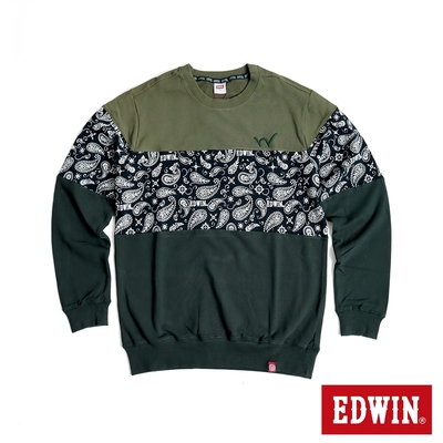EDWIN 三色拼接印花厚長袖T恤-男-灰綠色