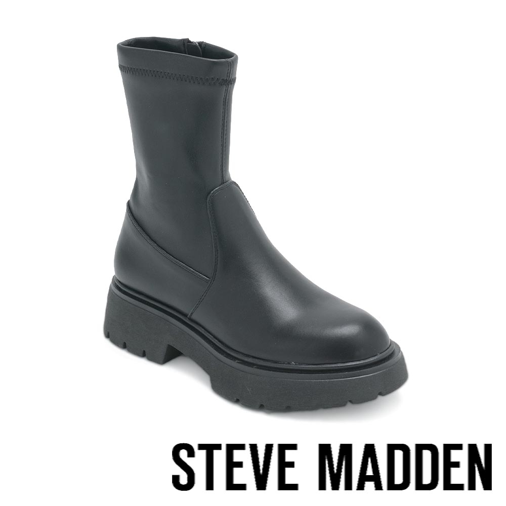 STEVE MADDEN-SOUTH 拼接皮革襪套厚底短靴-黑色