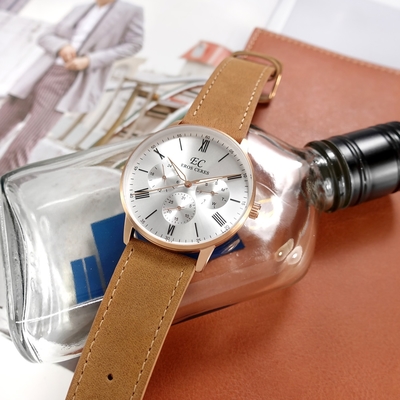 EROS CERES / 簡約時尚 三眼三針 日期星期 真皮手錶-銀x玫瑰金框x棕/43mm