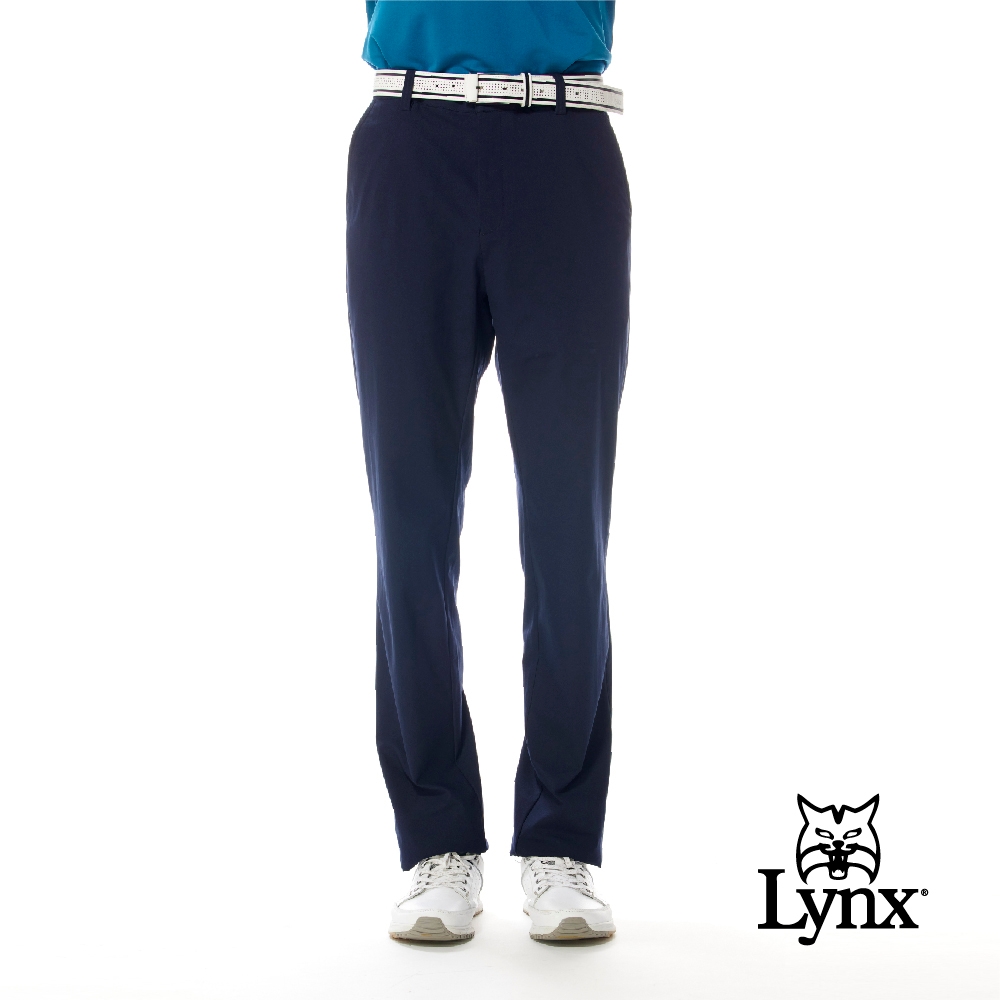 【Lynx Golf】男款四面彈性舒適精選材質素面基本款平口休閒長褲-深藍色