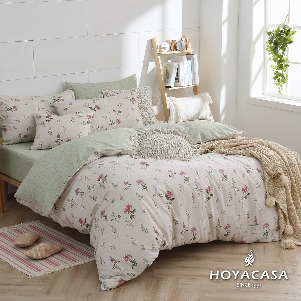 HOYACASA 100%精梳棉雙人兩用被四件式床包組-翩翩花語(天絲入棉30%)