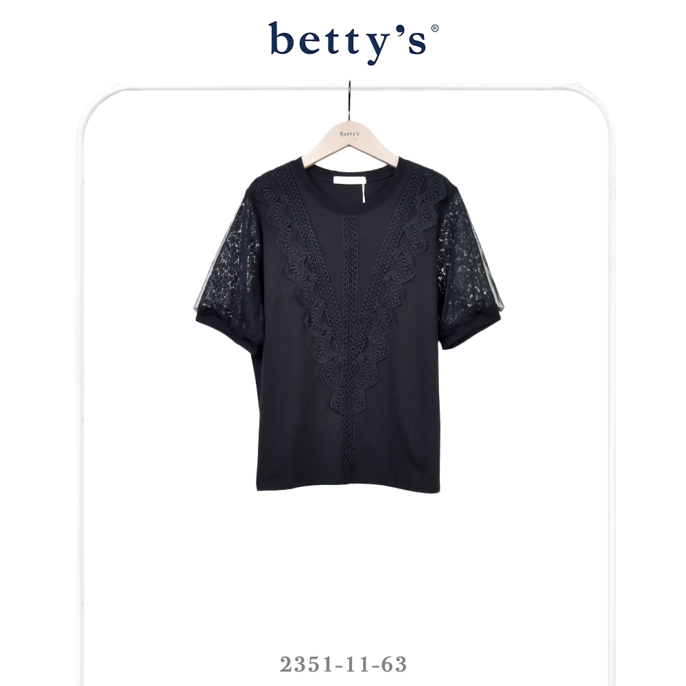 betty’s貝蒂思　蕾絲壓線花花網紗袖T-shirt(共二色) (黑色)