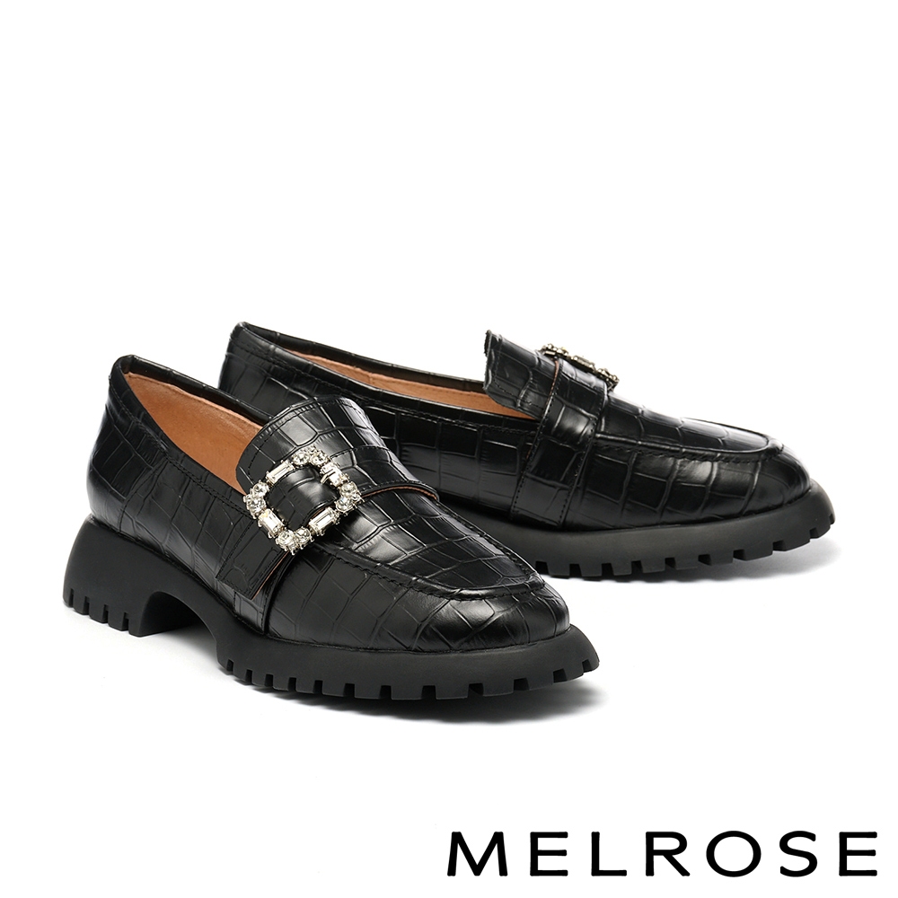 厚底鞋 MELROSE 美樂斯 時髦方鑽飾鱷魚紋牛皮樂福厚底鞋－黑