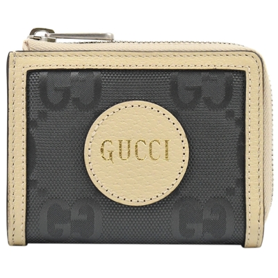 GUCCI Off The Grid 品牌燙金LOGO緹花帆布拼接牛皮5卡零錢包(米/灰)