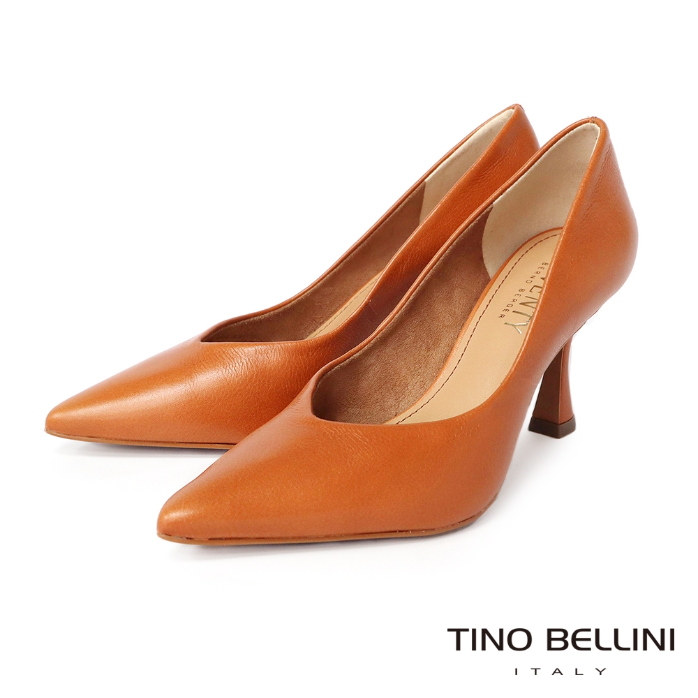 Tino Bellini 巴西進口牛皮尖頭顯瘦V口酒杯跟鞋-棕