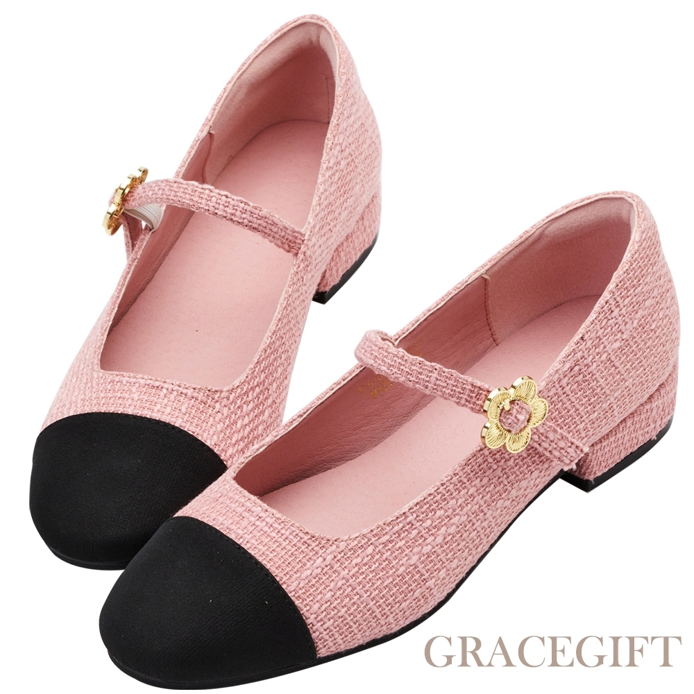 【Grace Gift】小花飾釦拼接低跟瑪莉珍鞋 粉紅