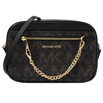 MICHAEL KORS JET SET 新版MK印花拼接拉鍊斜背方包(深咖/黑)