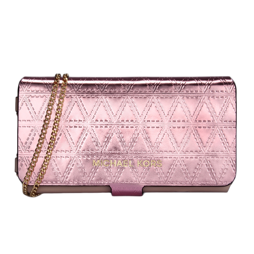 MICHAEL KORS 幾何摺線壓紋金屬皮革斜背鏈帶翻蓋式手機包-玫瑰粉色