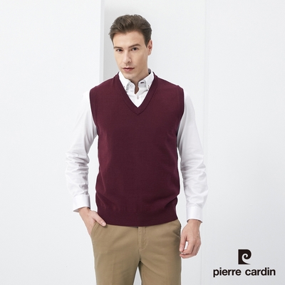 Pierre Cardin皮爾卡登 男款 羊毛混紡素色V領毛衣背心-酒紅色 (7005461-79)