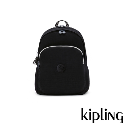 Kipling 黑色人字纹拼接時尚拉鍊大開口後背包-DELIA M