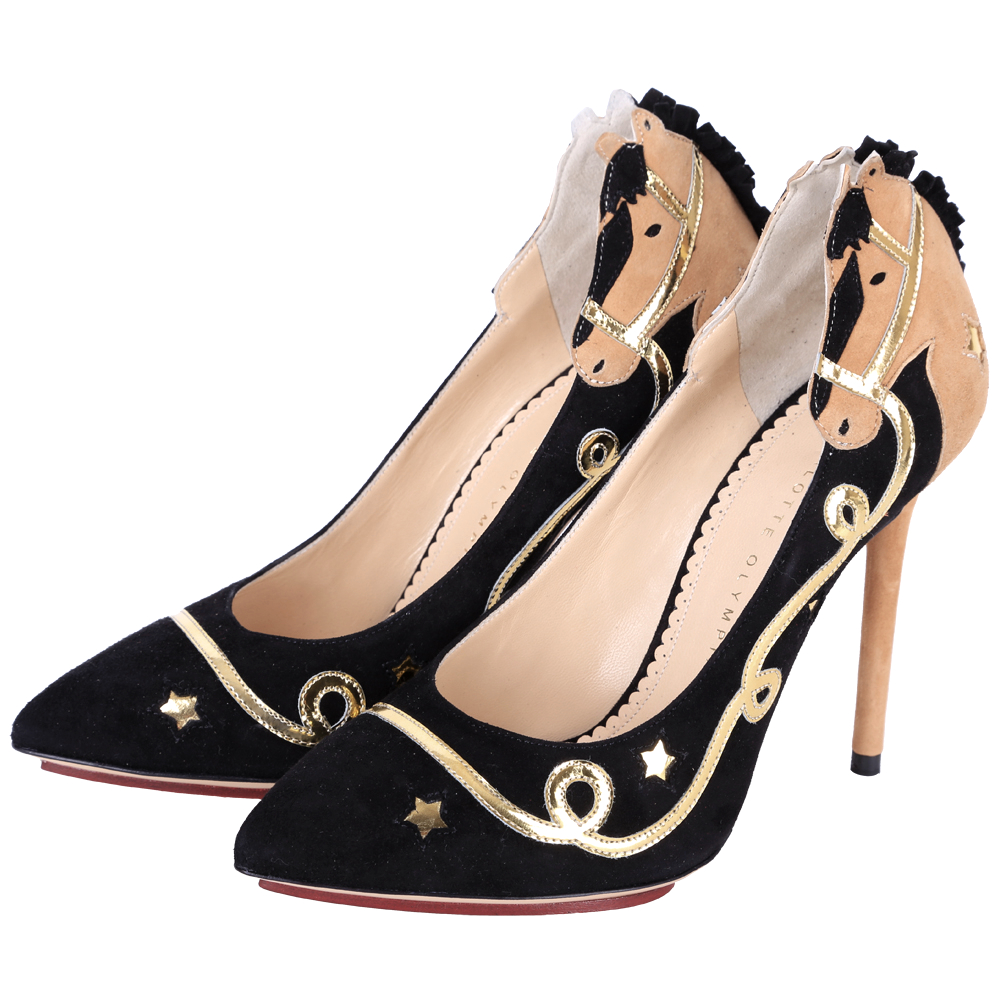 Charlotte Olympia GIDDY UP馬兒造型麂皮細跟鞋(黑x駝)