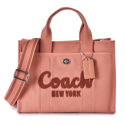 COACH 專櫃款 CARGO 草寫LOGO 經典帆布手提/斜背兩用托特包-粉橘色