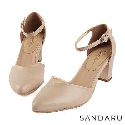 山打努SANDARU-中跟鞋 法式美型壓摺尖頭瑪麗珍鞋-米