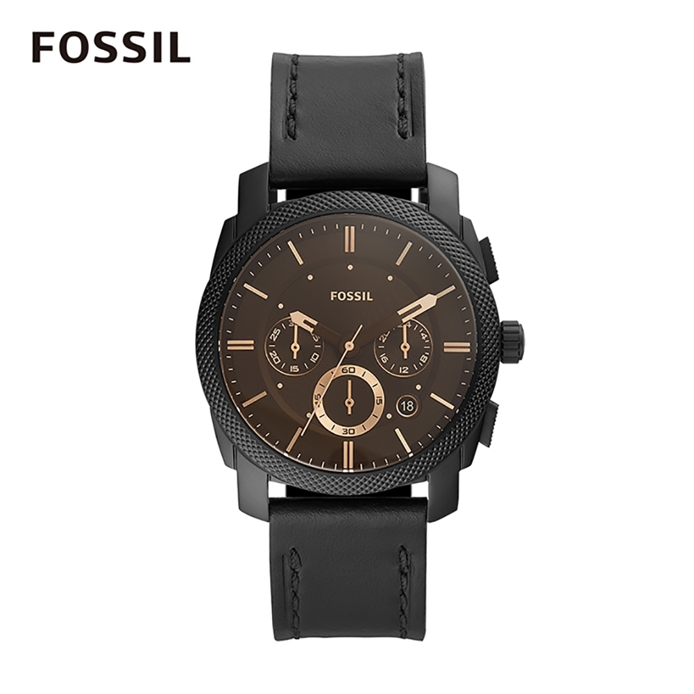 FOSSIL MACHINE 咖啡色三眼壓紋錶殼黑色皮革男錶 42mm FS5586