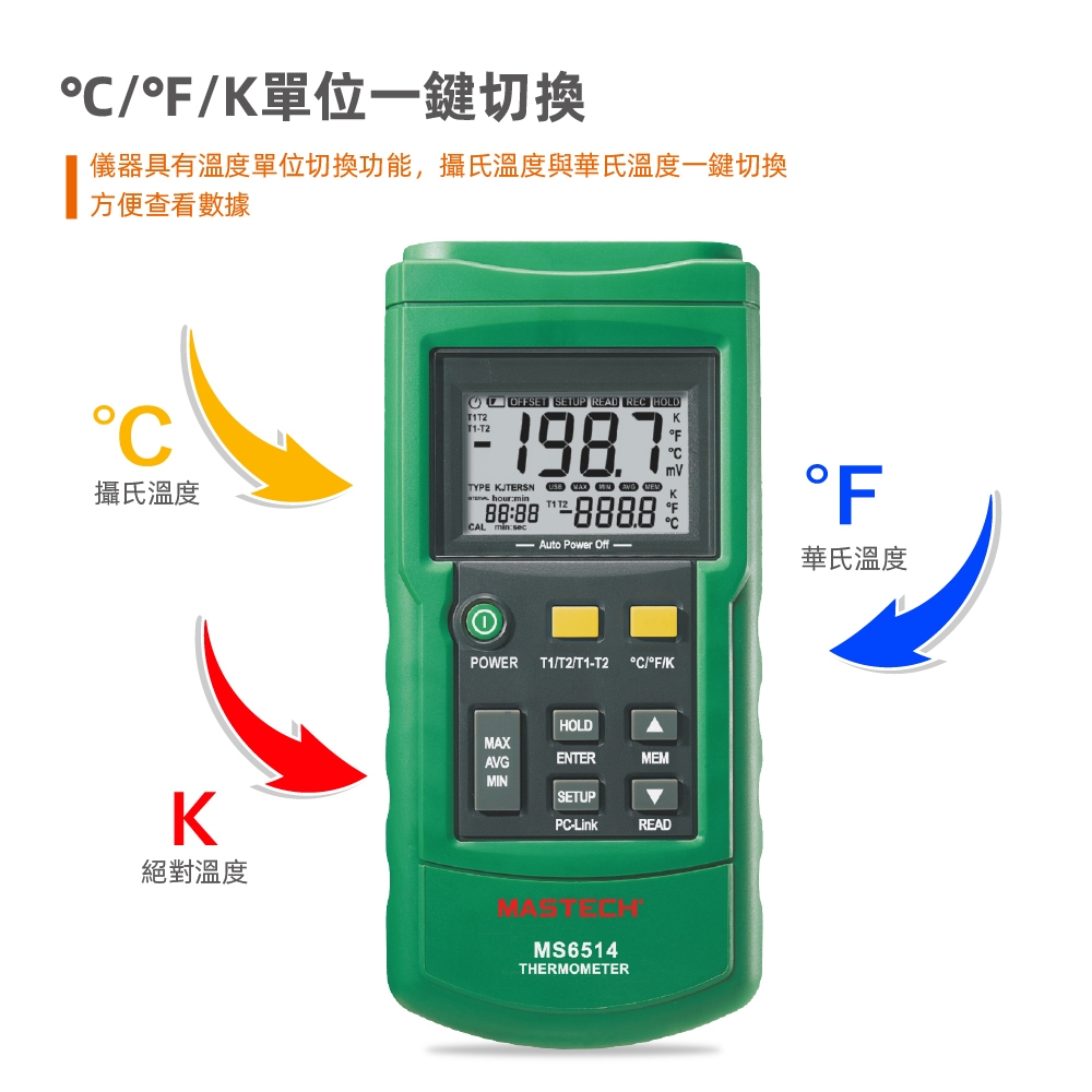 MASTECH 邁世MS6514 數位溫度計-200~1372℃, Dual Channel, USB