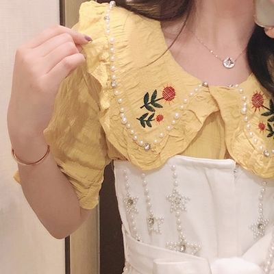 BBHONEY 韓國質感娃娃領釘珠鑲鑽刺繡小花襯衫上衣