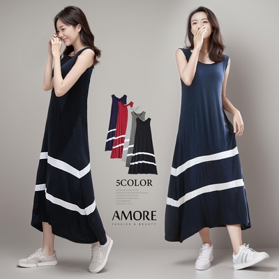 【Amore】莫代爾圓領背心橫條連身裙