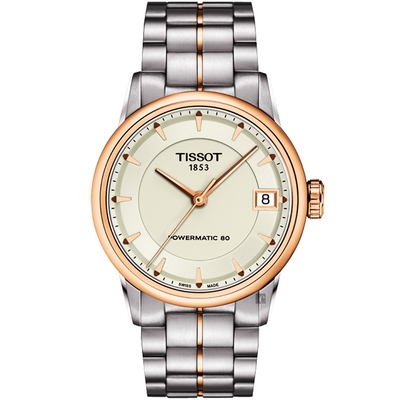 TISSOT 天梭 官方授權 T-Classic Luxury 機械腕錶 母親節禮物-象牙白x玫塊金框/33mm T0862072226101