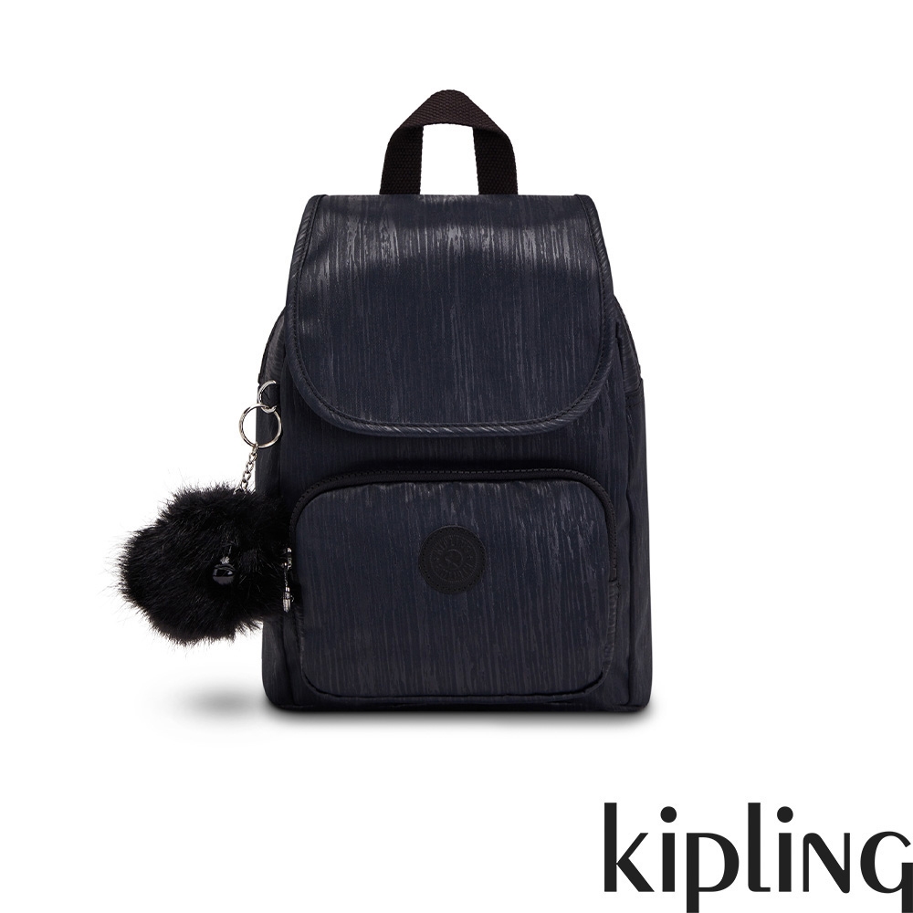 Kipling 光澤緞面黑絲絨翻蓋大容量後背包-MARIGOLD