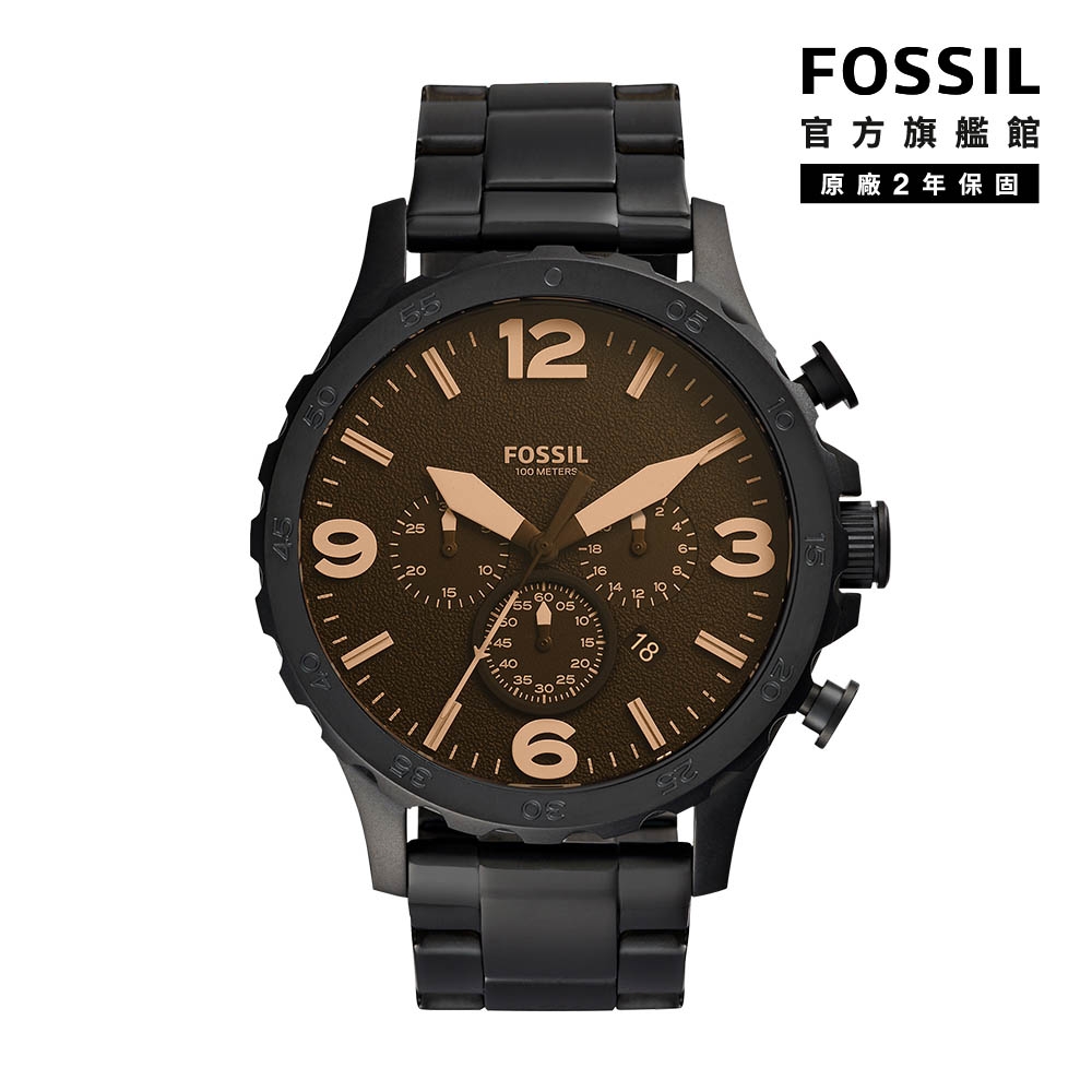 FOSSIL Nate 粗曠帥氣計時手錶 黑色不鏽鋼錶帶 50mm JR1356