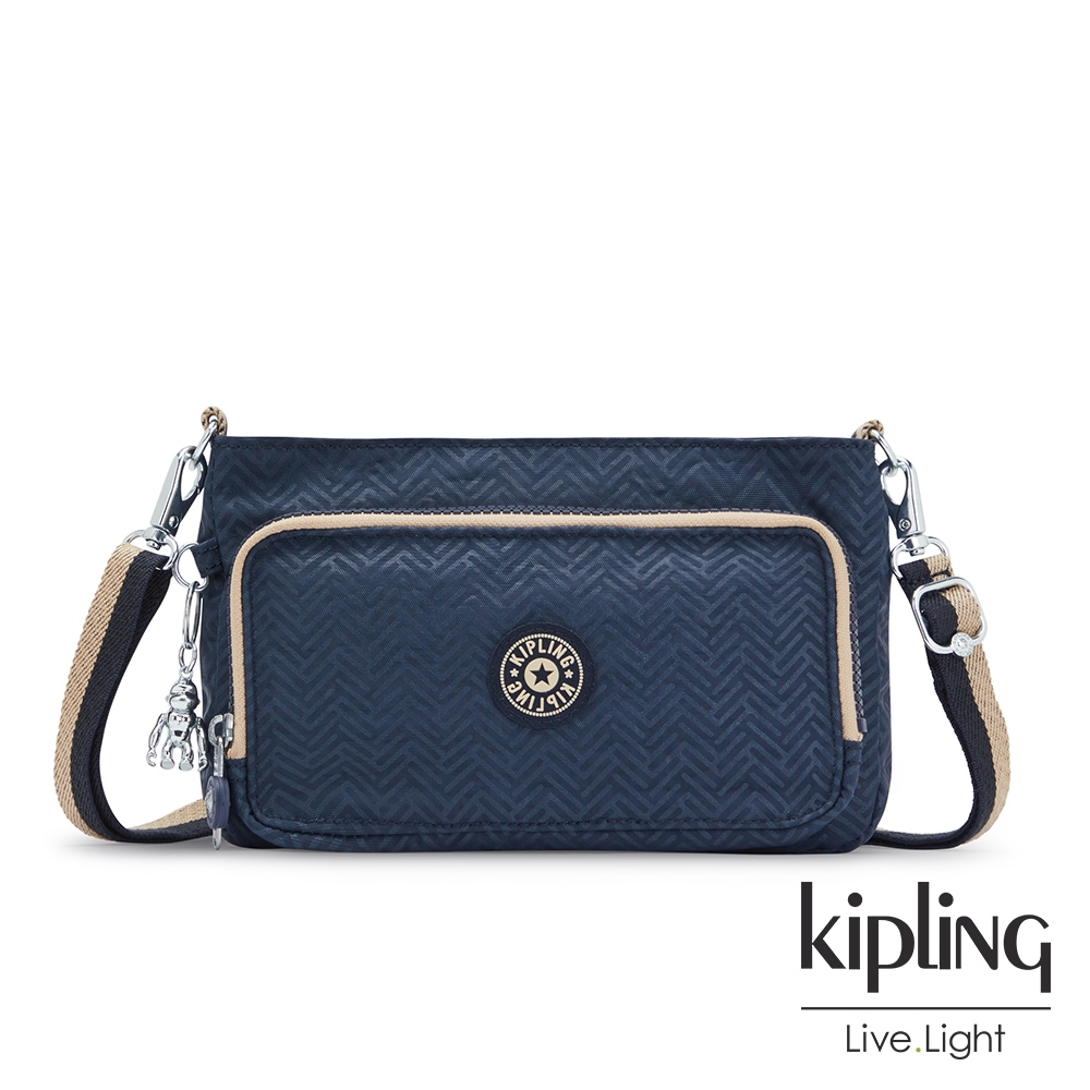 Kipling 靛藍幾何線條印花前袋拉鍊長形肩背包-MYRTE