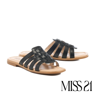 拖鞋 MISS 21 簡約純色簍空編織方頭平底拖鞋－黑
