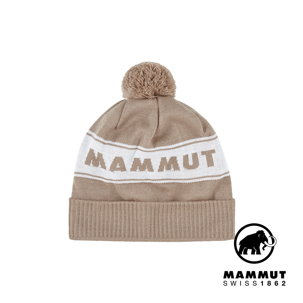 【Mammut 長毛象】Peaks Beanie 保暖針織LOGO毛球羊毛帽 薩凡納褐/白 #1191-01100