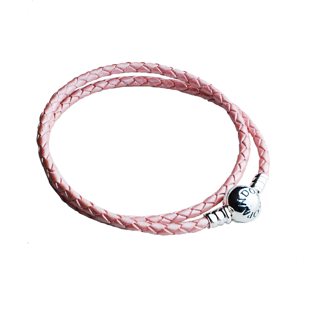Pandora 雙圈粉紅皮繩圓扣手鍊-35cm