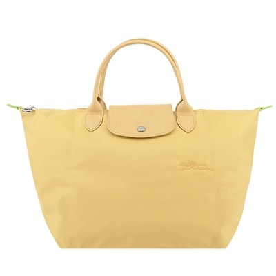 LONGCHAMP LE PLIAGE GREEN系列刺繡短把再生尼龍摺疊水餃包(中/小麥黃)