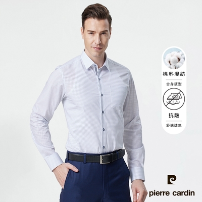 pierre cardin 皮爾卡登 男襯衫 進口素材合身版抗皺防曬清爽印花長袖襯衫_白底深藍點(73853-30)