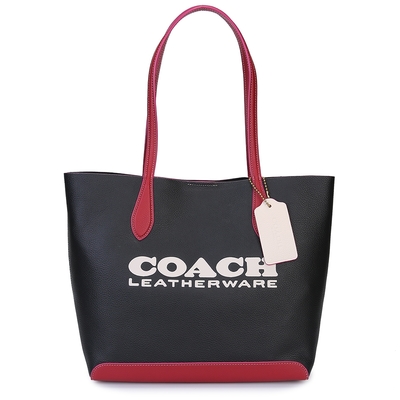 COACH Kia 經典大LOGO撞色拼接荔枝紋皮革肩背托特包-黑/紅色