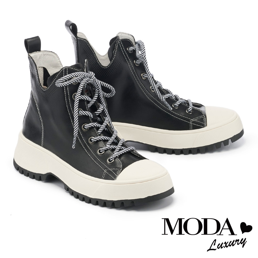 休閒鞋 MODA Luxury 率性潮品綁帶全真皮厚底高幫休閒鞋－黑