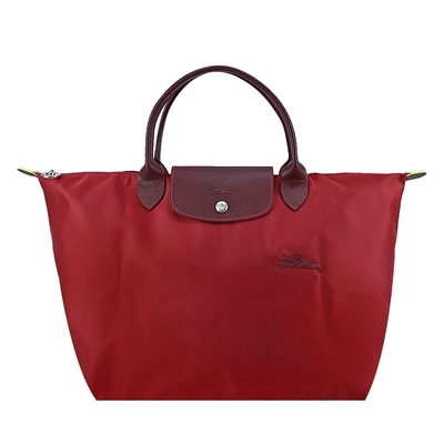 LONGCHAMP LE PLIAGE GREEN系列刺繡短把再生尼龍摺疊水餃包(中/夕陽紅)