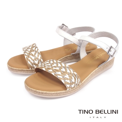 tino bellini 西班牙進口草編牛皮繫踝厚底涼鞋-白