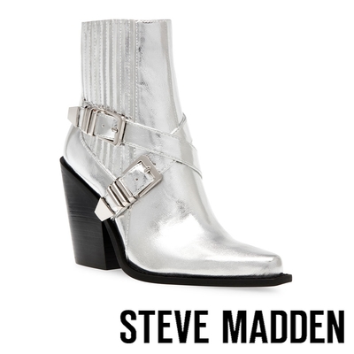 steve madden-scripter 交叉帶粗跟楔型短靴-銀色