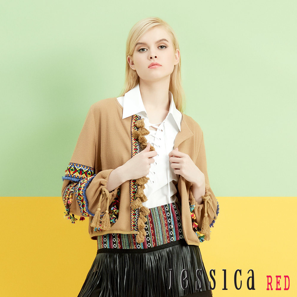 JESSICA RED - 民族風繽紛流蘇織帶澎袖造型外套