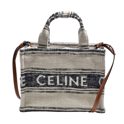 CELINE 經典品牌LOGO編織帆布手提/斜背方包(深藍/米色)